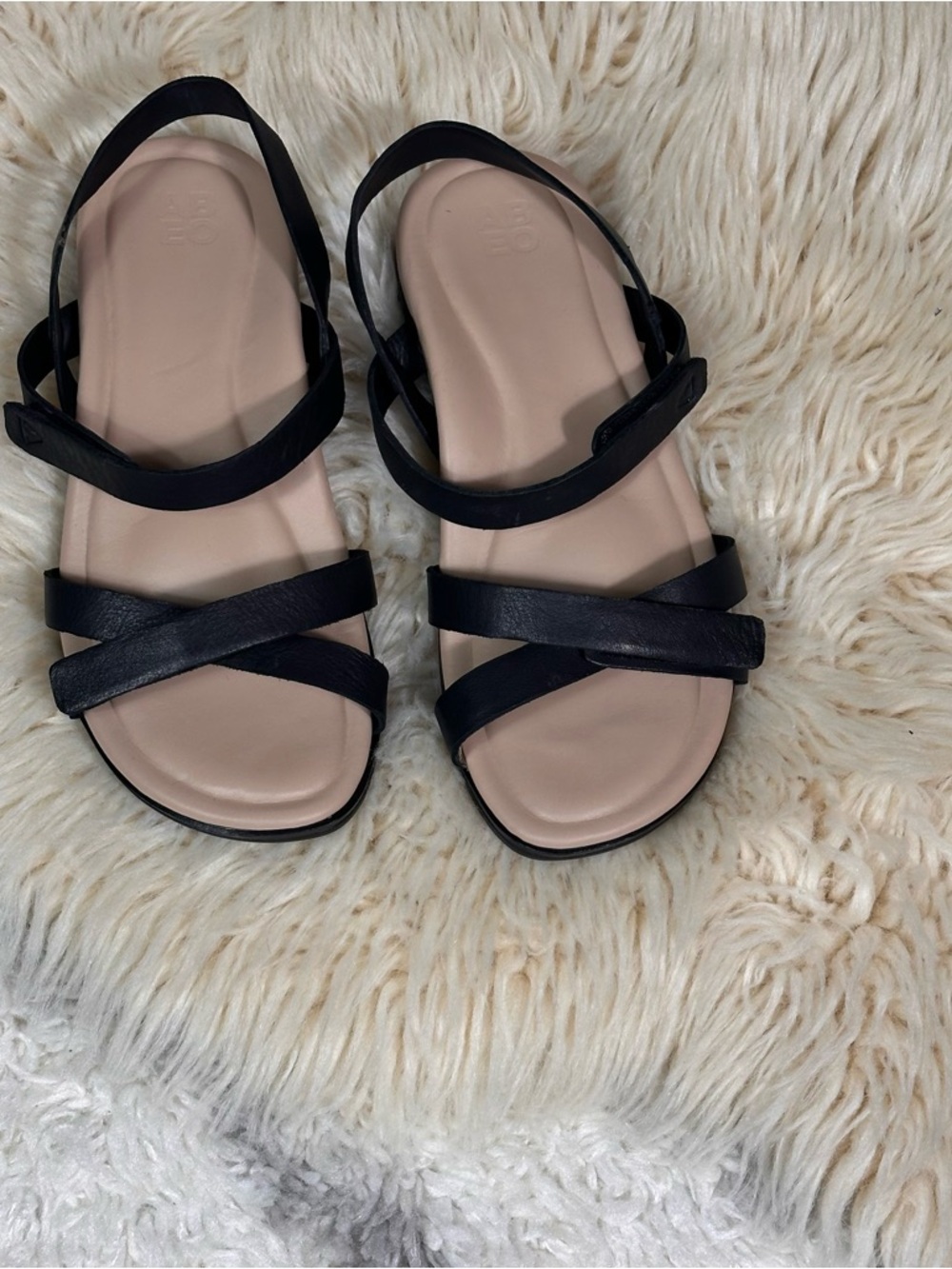 Abeo Black Strappy Slingback Sandals with Beige Footbed